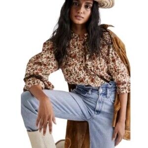 Free People Top Meant To Be Floral Cotton Blouse Long Sleeve Large MSRP $98